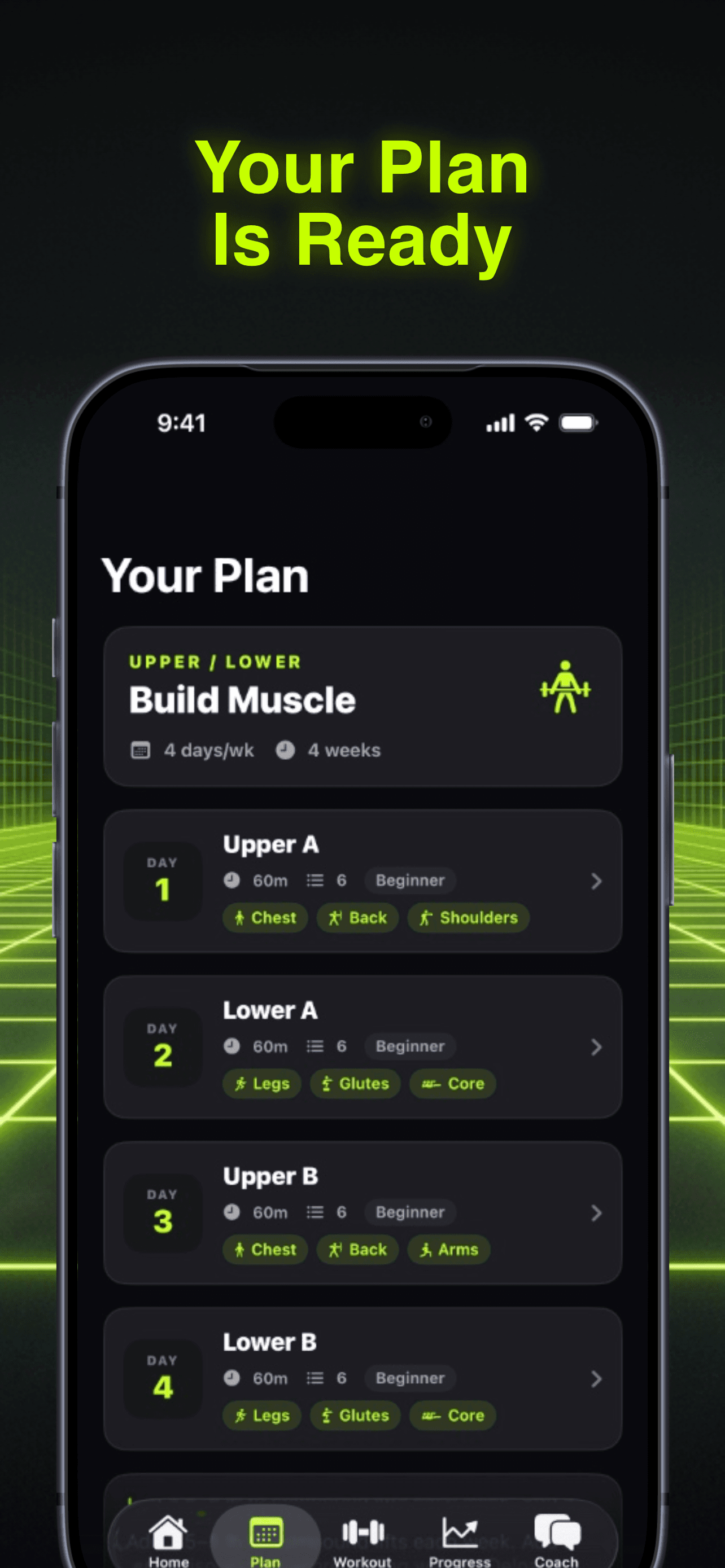 RepBro app home screen showing today's workout plan for beginners