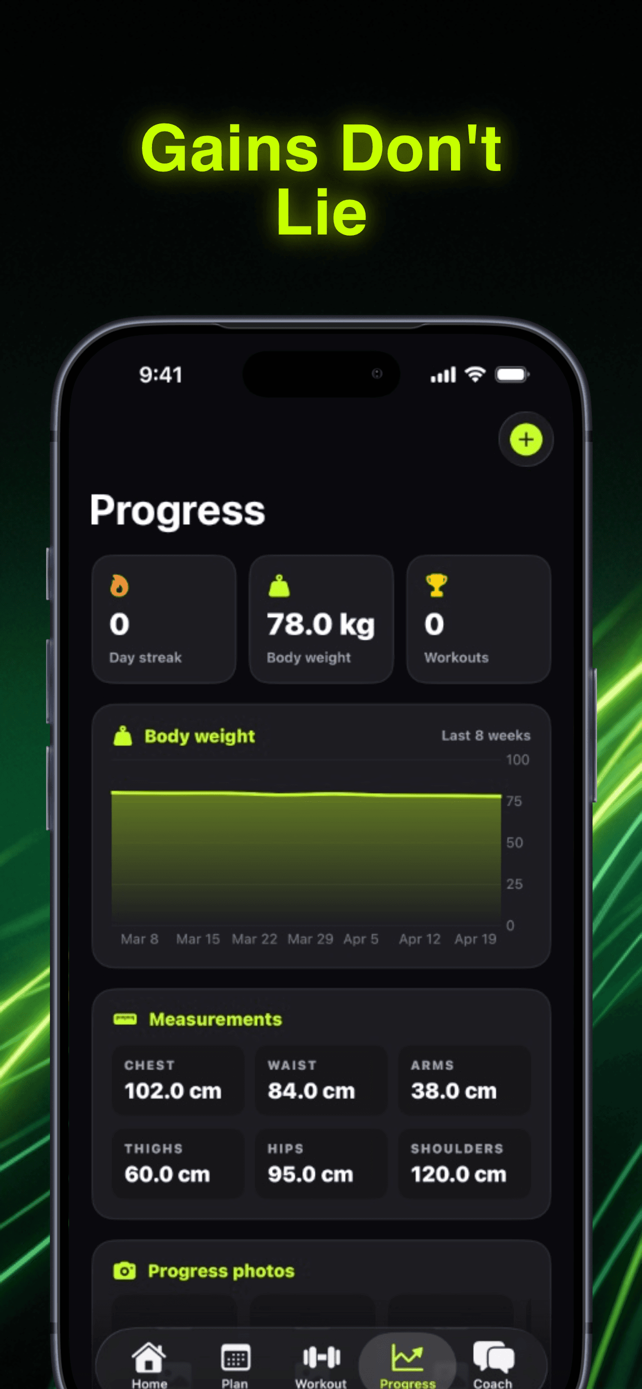 RepBro app progress screen showing body weight trends and workout volume charts for tracking 6-month transformation