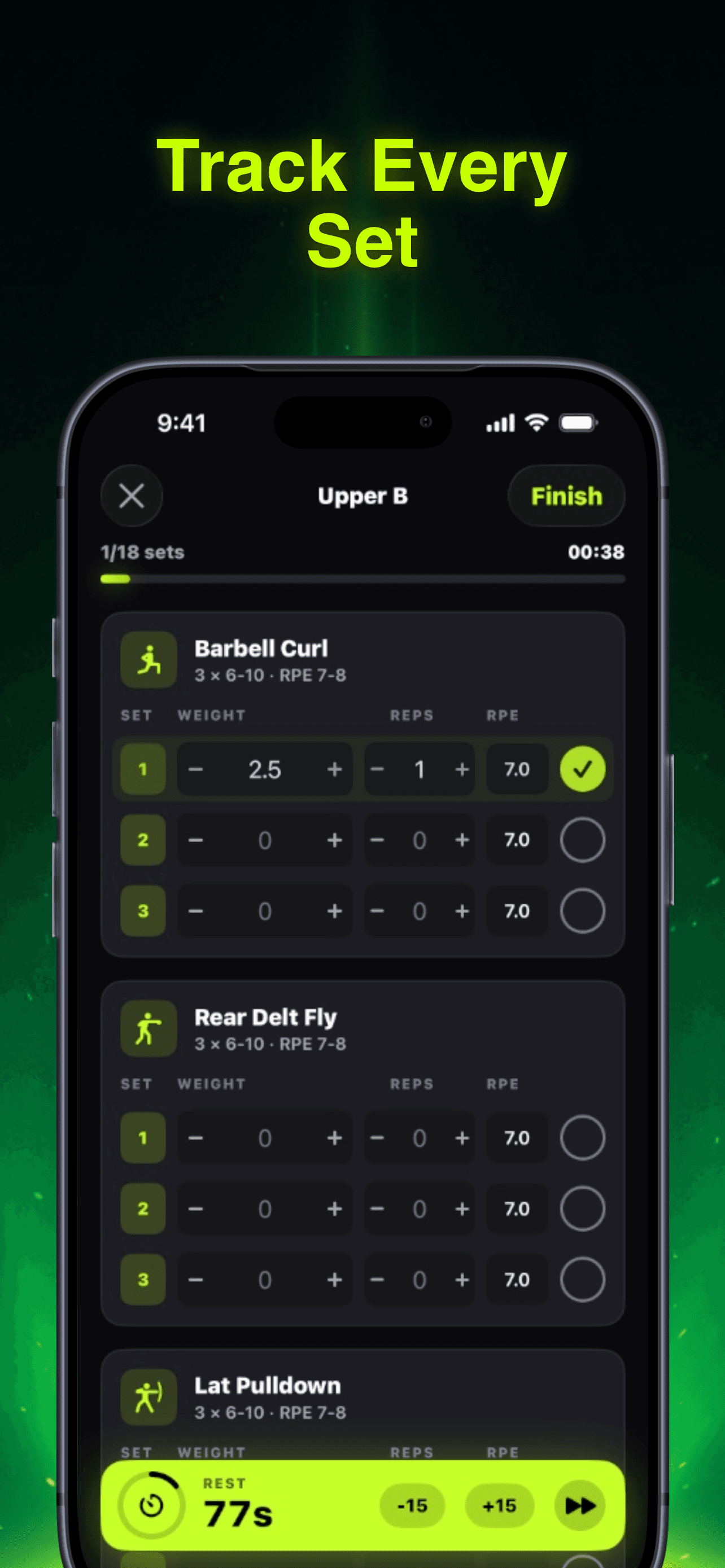 RepBro workout logging screen showing sets, reps, weight tracking and rest timer